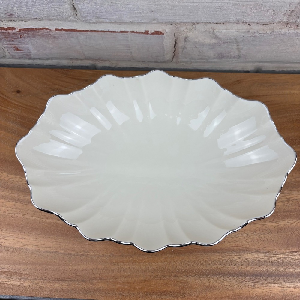 Vintage Lenox Symphony Ivory Footed Scalloped Bowl Silver Trim USA Centerpiece